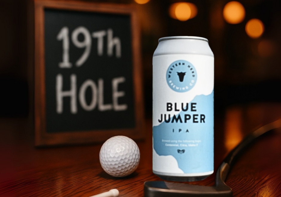 Blue Jumper IPA on the 19th hole bar with putter and golf ball